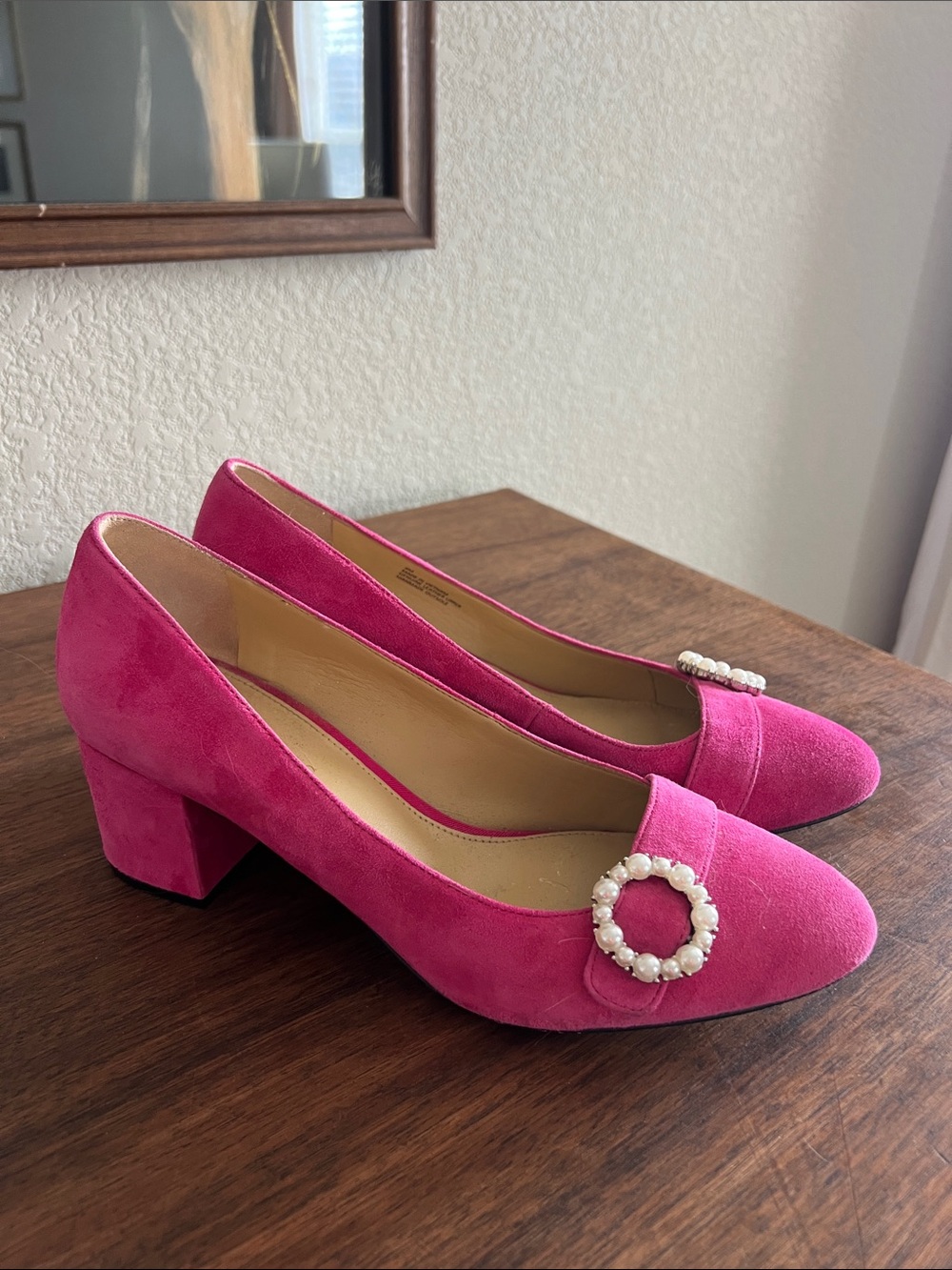 Talbots Hot Pink Suede Block Heel Pumps with Pearl Circle Accent
